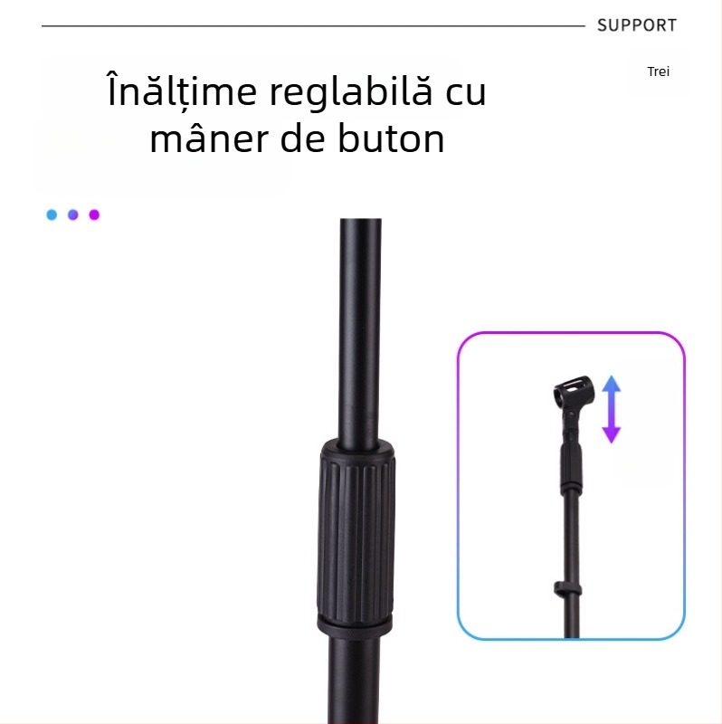Stativ pentru microfon cu trei picioare, înălțime reglabilă, pentru transmisiuni live și reprezentații karaoke pe scenă