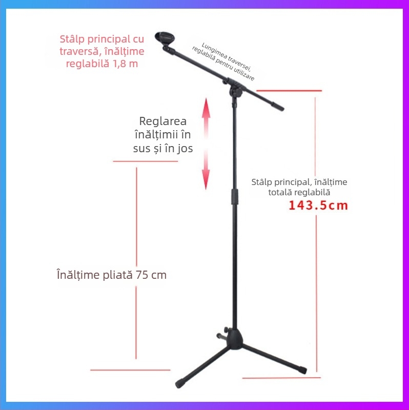 Stativ pentru microfon cu trei picioare, înălțime reglabilă, pentru transmisiuni live și reprezentații karaoke pe scenă