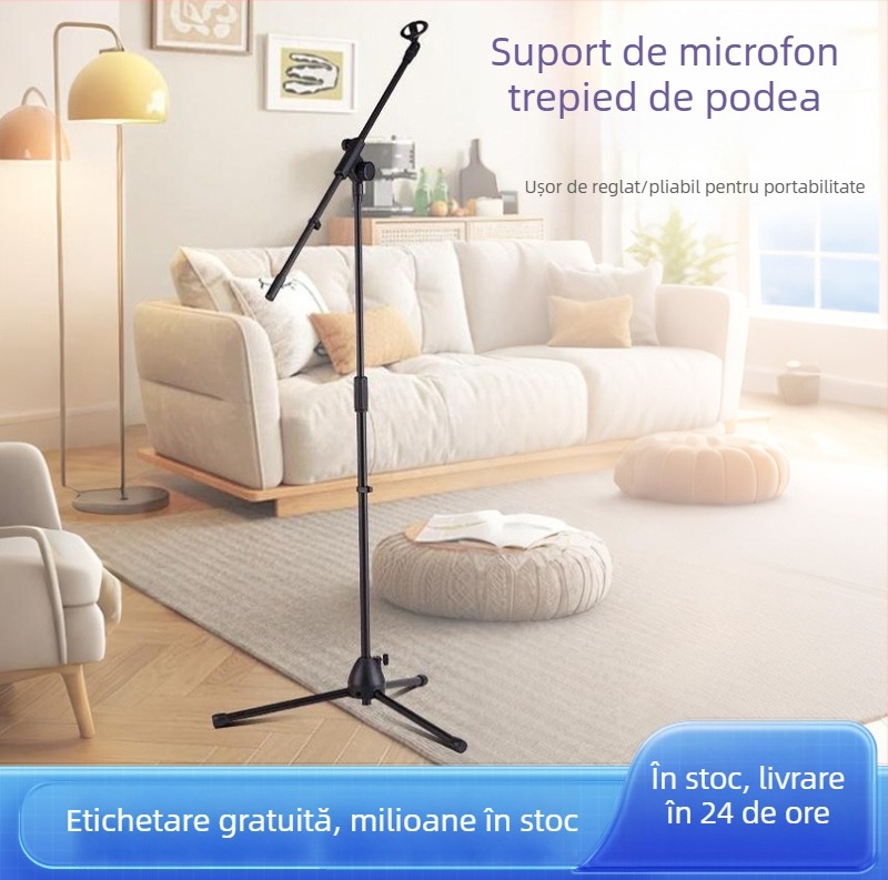 Stativ pentru microfon cu trei picioare, înălțime reglabilă, pentru transmisiuni live și reprezentații karaoke pe scenă