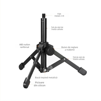 Suport universal din metal pentru microfon pe birou, cu 8 puncte și 3 interfețe; suport pentru telefon pe birou și trepied pentru filmare