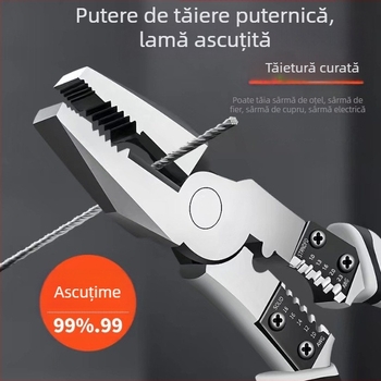 Clește multifuncțional pentru cabluri: dezizolare și crimpare, duritate înaltă, clasă industrială, nas ascuțit, mecanism de blocare