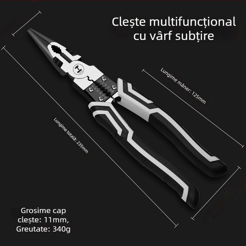 Clește multifuncțional pentru cabluri: dezizolare și crimpare, duritate înaltă, clasă industrială, nas ascuțit, mecanism de blocare