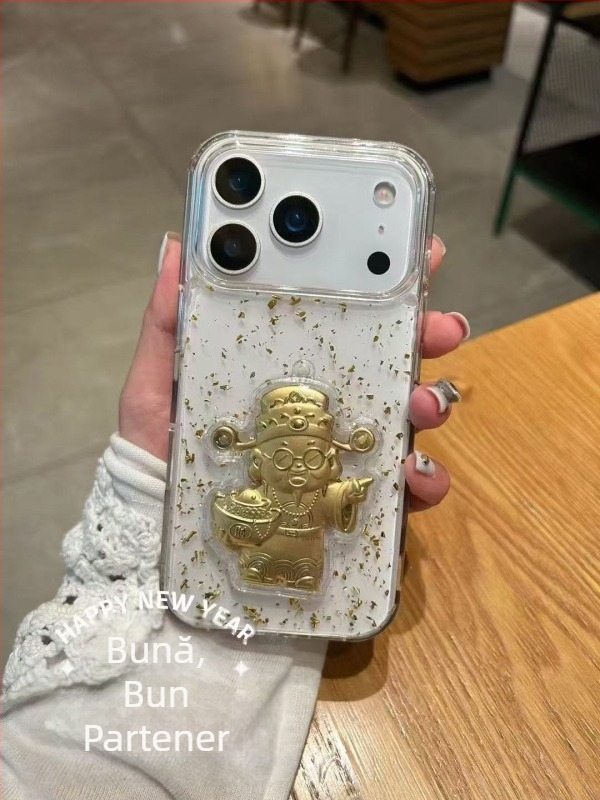 Carcasă de protecție din rășină epoxidică pentru iPhone 17 Pro Max și iPhone 16, transparentă, cu Zeul Bogăției și Anul Calului