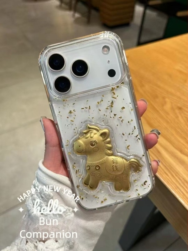 Carcasă de protecție din rășină epoxidică pentru iPhone 17 Pro Max și iPhone 16, transparentă, cu Zeul Bogăției și Anul Calului