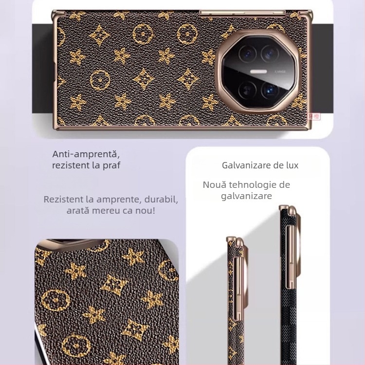 Husă de protecție pentru Huawei Mate Xs, piele minimalistă, finisaj galvanizat, pliere triplă cu balamale pe două axe