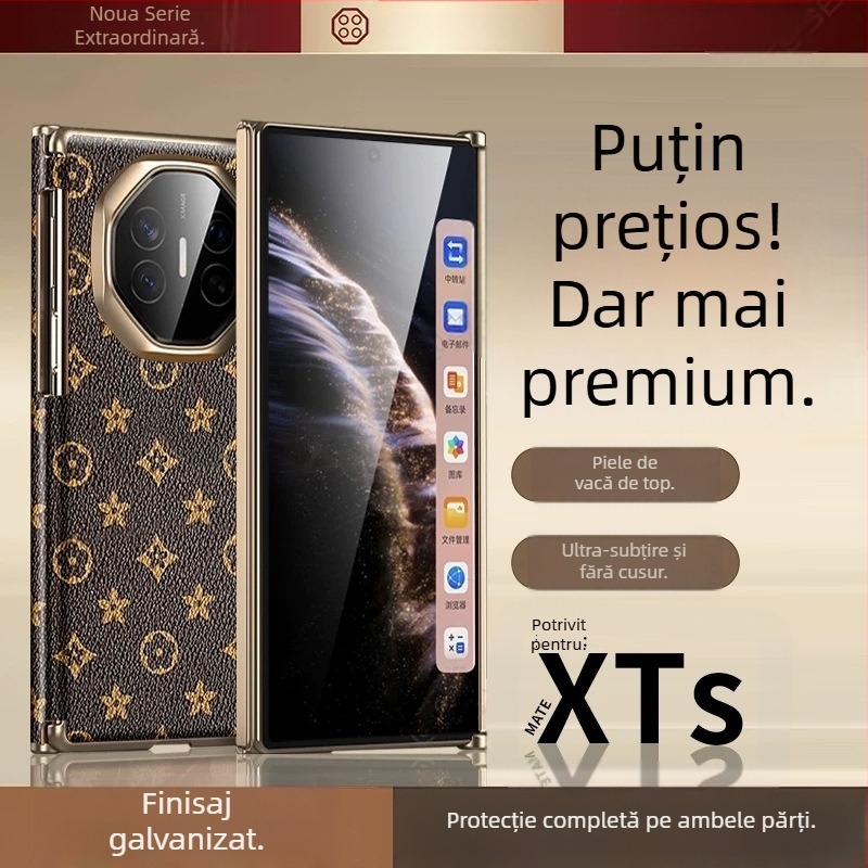 Husă de protecție pentru Huawei Mate Xs, piele minimalistă, finisaj galvanizat, pliere triplă cu balamale pe două axe