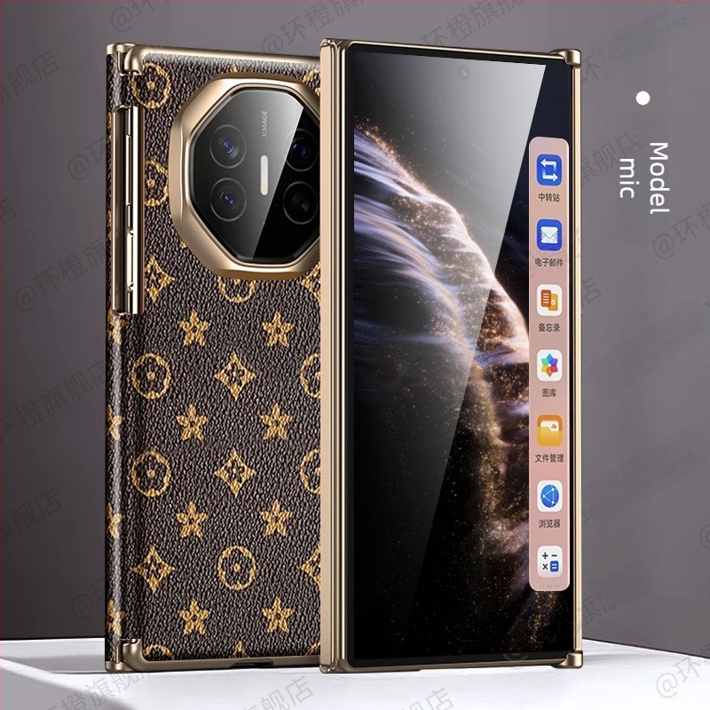 Husă de protecție pentru Huawei Mate Xs, piele minimalistă, finisaj galvanizat, pliere triplă cu balamale pe două axe
