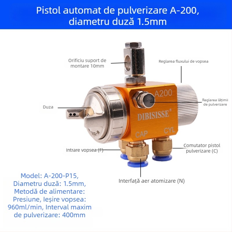 Pistol de pulverizare automată cu atomizare aeriană A-200, duză cu diametru mare
