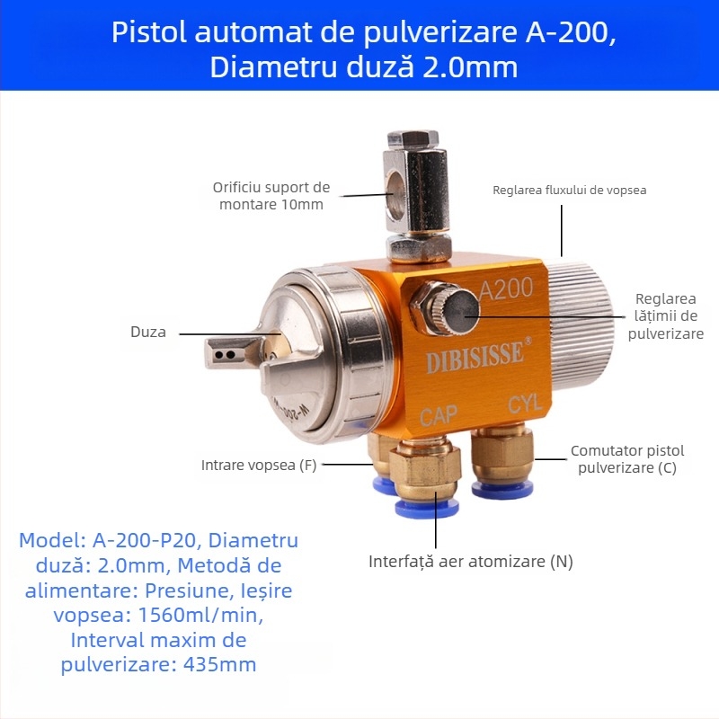 Pistol de pulverizare automată cu atomizare aeriană A-200, duză cu diametru mare
