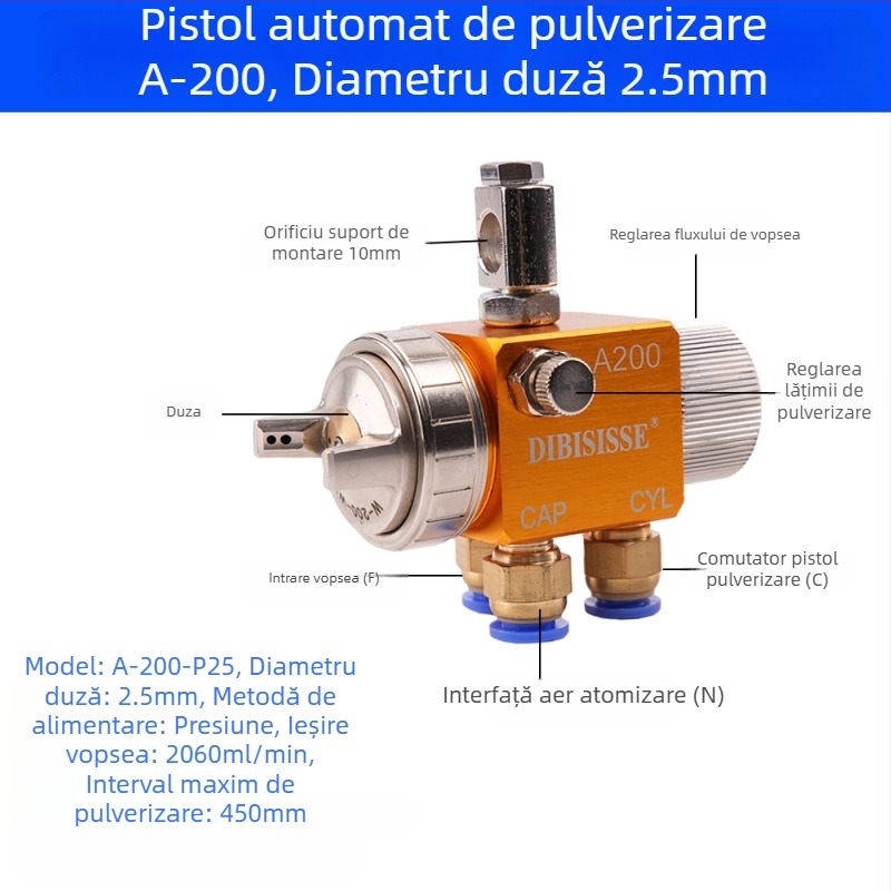 Pistol de pulverizare automată cu atomizare aeriană A-200, duză cu diametru mare