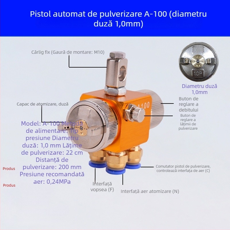 Pistol de pulverizare automată cu atomizare aeriană A-200, duză cu diametru mare