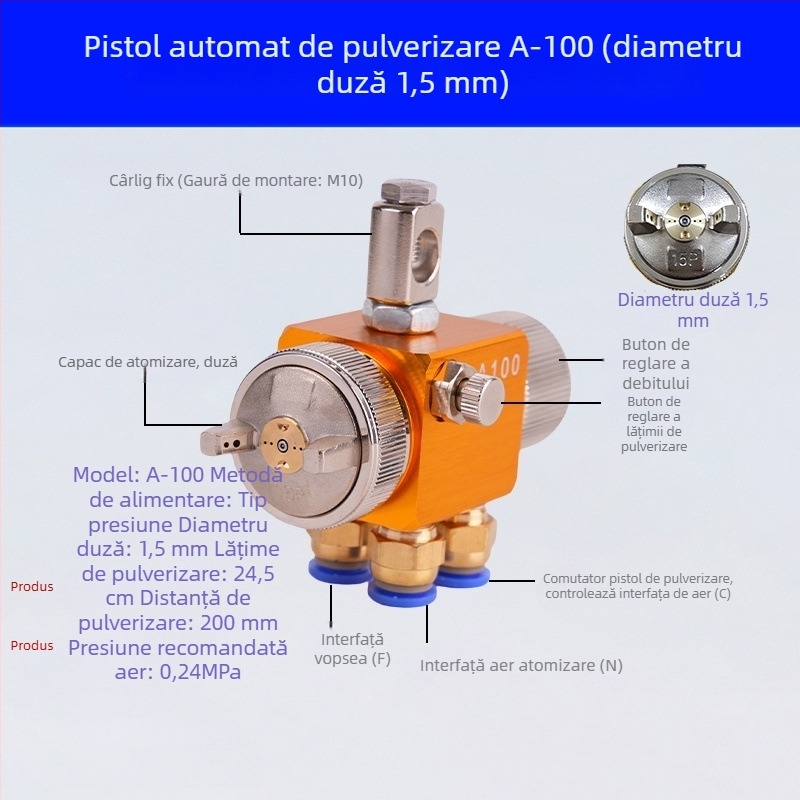 Pistol de pulverizare automată cu atomizare aeriană A-200, duză cu diametru mare