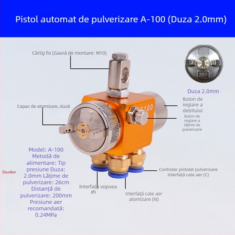 Pistol de pulverizare automată cu atomizare aeriană A-200, duză cu diametru mare