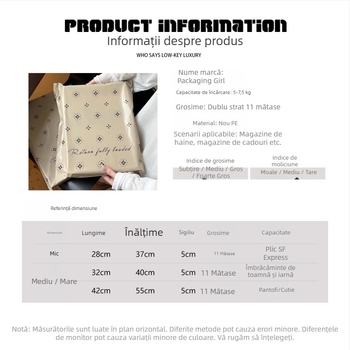 Geantă expres groasă pentru haine, cu închidere autoadezivă impermeabilă; dimensiuni: mare 38×52 cm, medie 32×45 cm, mică 28×42 cm; material PE, construcție cu două straturi, logo tipărit, sarcină aproximativă 5 kg