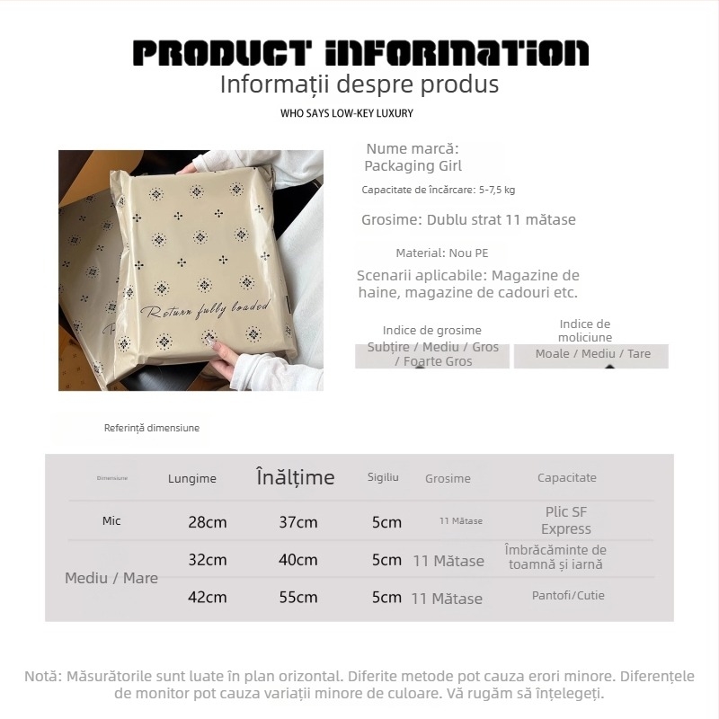 Geantă expres groasă pentru haine, cu închidere autoadezivă impermeabilă; dimensiuni: mare 38×52 cm, medie 32×45 cm, mică 28×42 cm; material PE, construcție cu două straturi, logo tipărit, sarcină aproximativă 5 kg