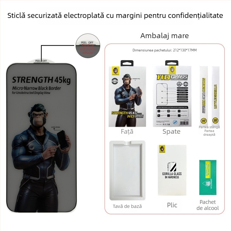 Gorilla protectie ecran din sticlă temperată Edge-to-Edge pentru iPhone 16/15 Pro, Anti-Peeping, Anti-Cadere