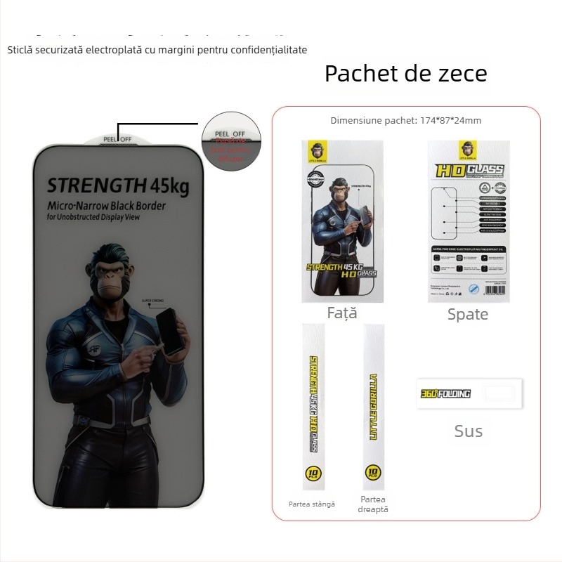 Gorilla protectie ecran din sticlă temperată Edge-to-Edge pentru iPhone 16/15 Pro, Anti-Peeping, Anti-Cadere