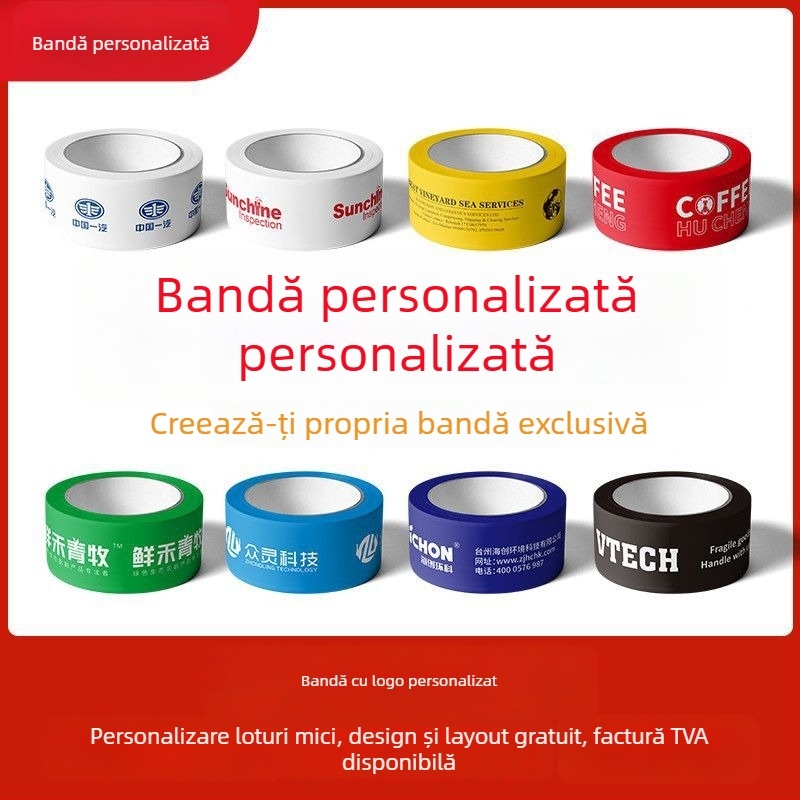 Bandă pentru ambalare cu imprimare de logo și text, transparentă, colorată în întregime