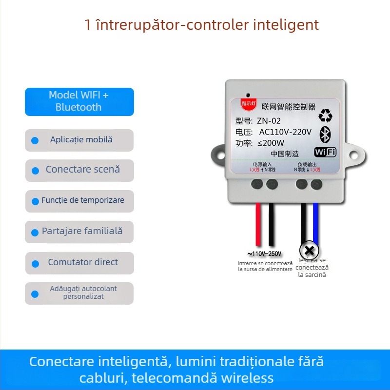 Comutator inteligent cu Wi‑Fi și Bluetooth, mod dual, pentru lămpi și ventilatoare, control prin aplicație mobilă
