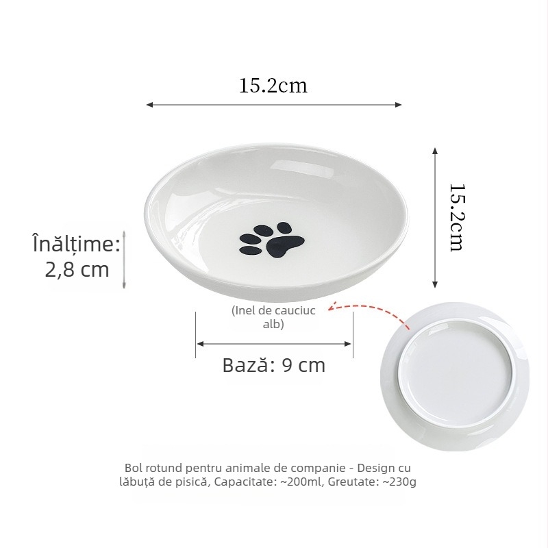 Bol ceramic pentru pisici, cu inel din silicon, anti-derapare și anti-răsturnare, design cu labă de pisică și os de pește