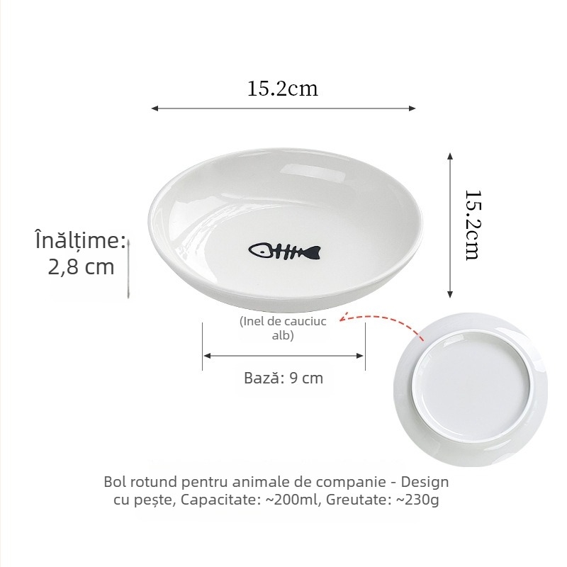Bol ceramic pentru pisici, cu inel din silicon, anti-derapare și anti-răsturnare, design cu labă de pisică și os de pește