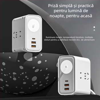 Priză inteligentă de birou, verticală, USB, multifuncțională, pentru casă și călătorii, cu cablu Type-C