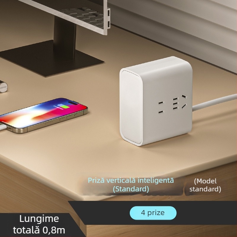Priză inteligentă de birou, verticală, USB, multifuncțională, pentru casă și călătorii, cu cablu Type-C