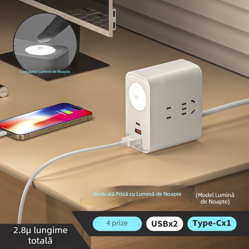 Priză inteligentă de birou, verticală, USB, multifuncțională, pentru casă și călătorii, cu cablu Type-C