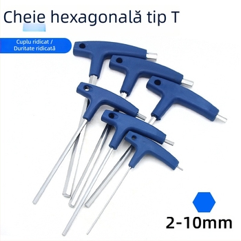 Cheie hexagonală cu mâner în formă de T, manuală, dimensiuni 2, 5 și 10 mm, cap balon și vârf plat