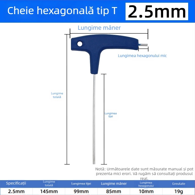 Cheie hexagonală cu mâner în formă de T, manuală, dimensiuni 2, 5 și 10 mm, cap balon și vârf plat