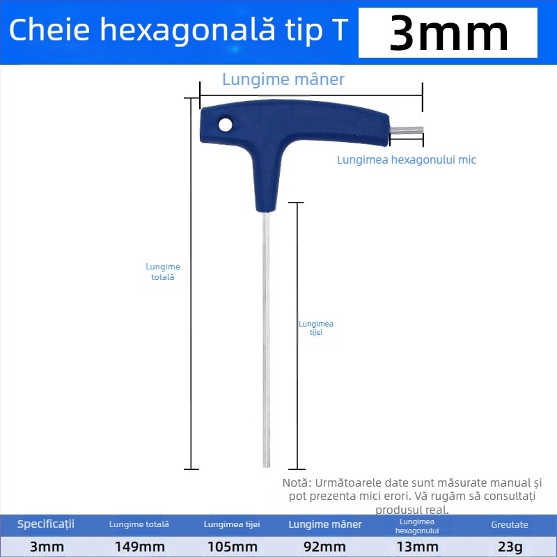 Cheie hexagonală cu mâner în formă de T, manuală, dimensiuni 2, 5 și 10 mm, cap balon și vârf plat
