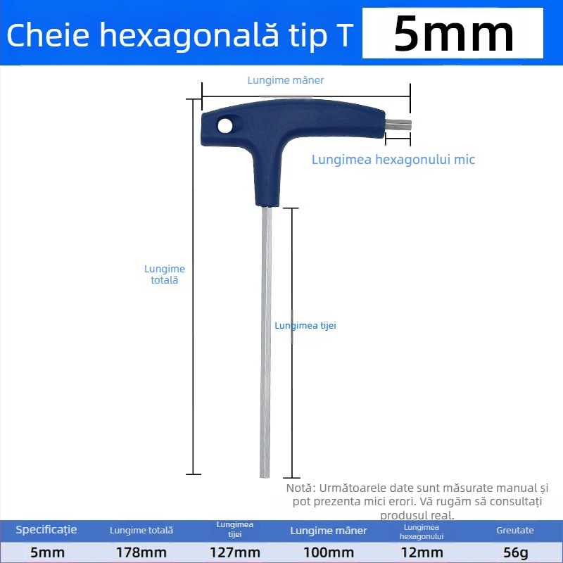 Cheie hexagonală cu mâner în formă de T, manuală, dimensiuni 2, 5 și 10 mm, cap balon și vârf plat