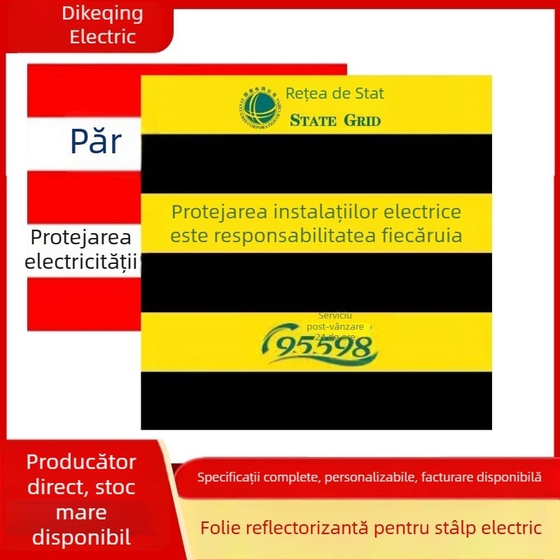 Film reflectorizant pentru stâlpi electrice, etichetă de avertizare, model diagonal negru-galben-roșu-alb, bază din aluminiu.