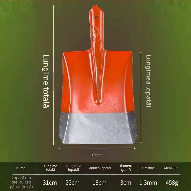 Lopată din oțel integral cu mâner din lemn, cu capete pătrate, plate și rotunde pentru construcții și agricultură; lățimea capului 20 cm, greutatea 458–905 g.