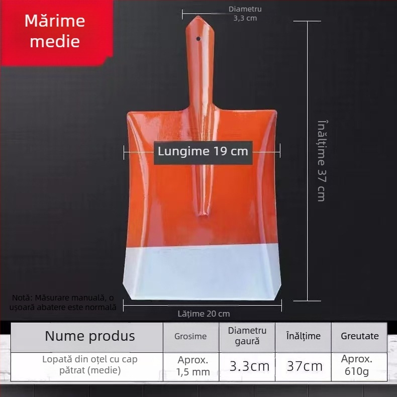 Lopată din oțel integral cu mâner din lemn, cu capete pătrate, plate și rotunde pentru construcții și agricultură; lățimea capului 20 cm, greutatea 458–905 g.