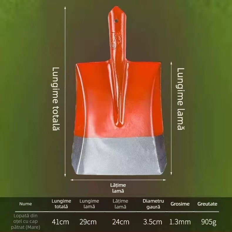 Lopată din oțel integral cu mâner din lemn, cu capete pătrate, plate și rotunde pentru construcții și agricultură; lățimea capului 20 cm, greutatea 458–905 g.