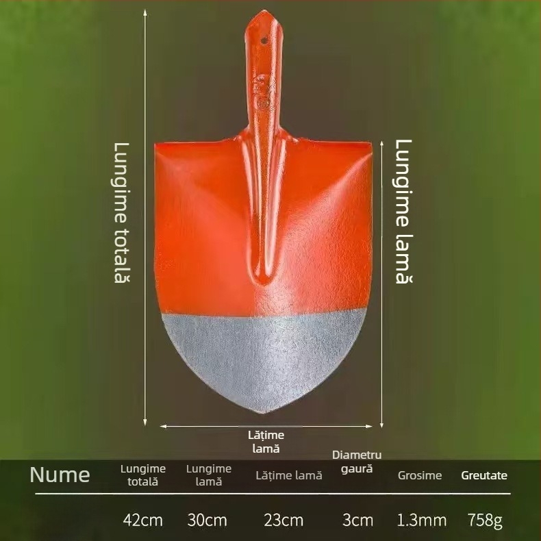Lopată din oțel integral cu mâner din lemn, cu capete pătrate, plate și rotunde pentru construcții și agricultură; lățimea capului 20 cm, greutatea 458–905 g.