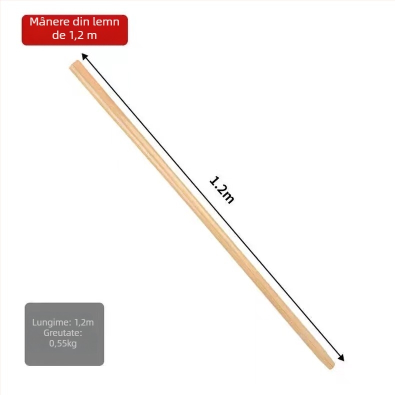 Lopată din oțel integral cu mâner din lemn, cu capete pătrate, plate și rotunde pentru construcții și agricultură; lățimea capului 20 cm, greutatea 458–905 g.