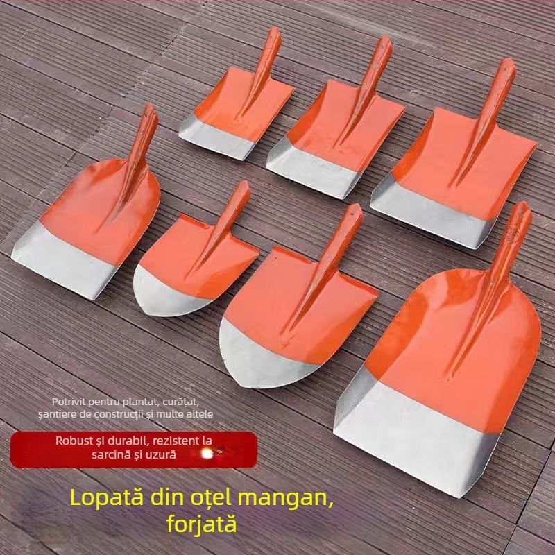 Lopată din oțel integral cu mâner din lemn, cu capete pătrate, plate și rotunde pentru construcții și agricultură; lățimea capului 20 cm, greutatea 458–905 g.