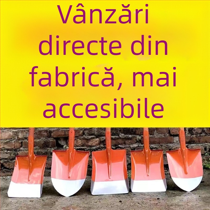 Lopată din oțel integral cu mâner din lemn, cu capete pătrate, plate și rotunde pentru construcții și agricultură; lățimea capului 20 cm, greutatea 458–905 g.