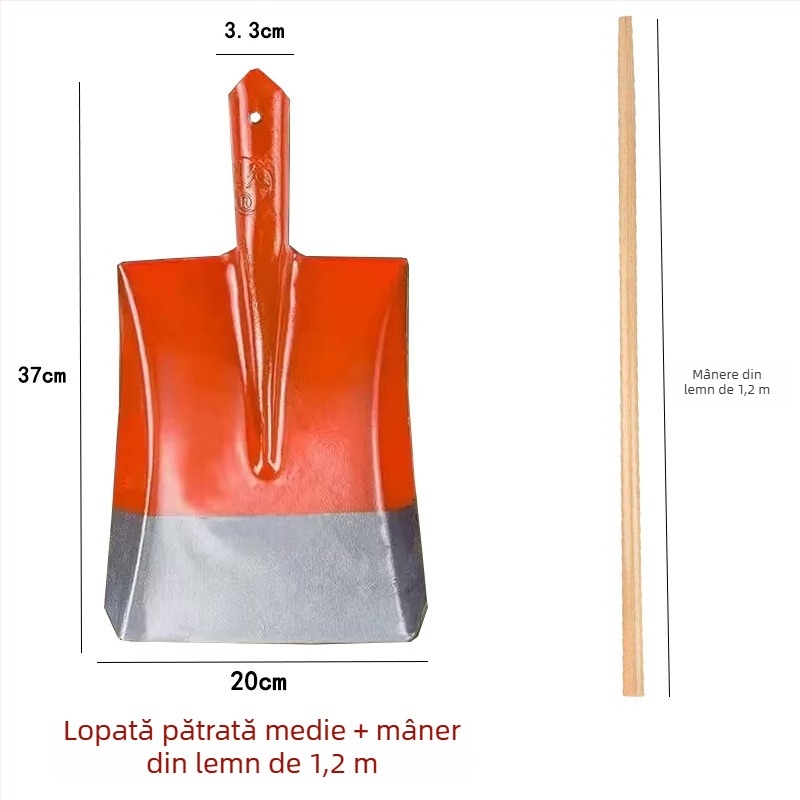 Lopată din oțel integral cu mâner din lemn, cu capete pătrate, plate și rotunde pentru construcții și agricultură; lățimea capului 20 cm, greutatea 458–905 g.