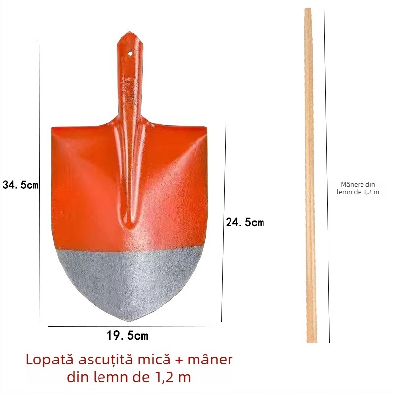 Lopată din oțel integral cu mâner din lemn, cu capete pătrate, plate și rotunde pentru construcții și agricultură; lățimea capului 20 cm, greutatea 458–905 g.