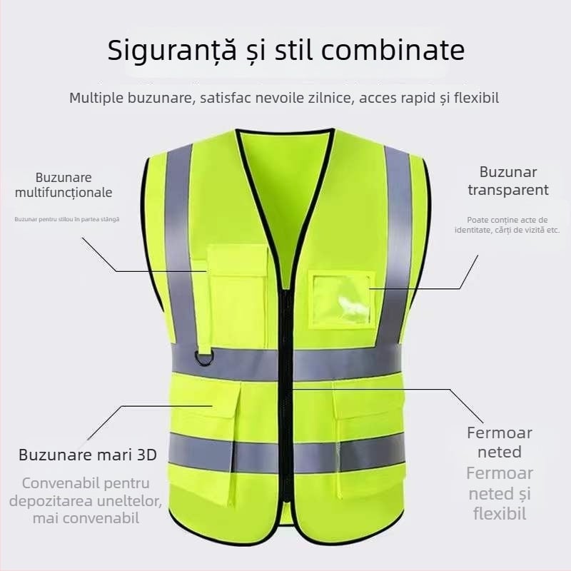 Vesta reflectorizantă cu fermoar și buzunare multiple, pentru șantiere, salubritate și siguranță rutieră