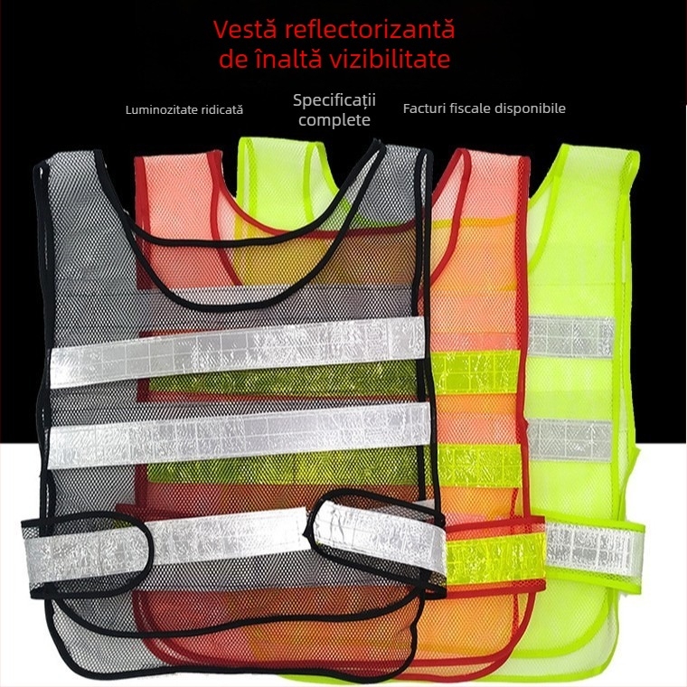Vesta reflectorizantă din plasă cu trei benzi reflectorizante, verde fluorescent, roșu și negru