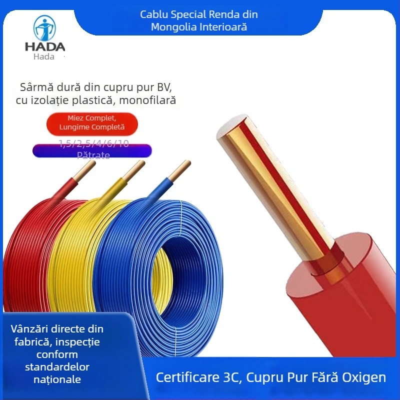 Renda BV cablu din cupru pur, Standard Național, cablu rigid cu un singur miez, secțiuni 1,5/2,5/4/6 mm², rezistent la foc pentru decor interior