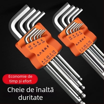 Set de chei hexagonale cu cap balon, nouă bucăți, cu șurubelniță și mâner hexagonal