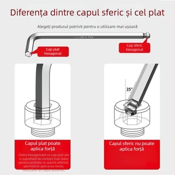 Set de chei hexagonale cu cap balon, nouă bucăți, cu șurubelniță și mâner hexagonal