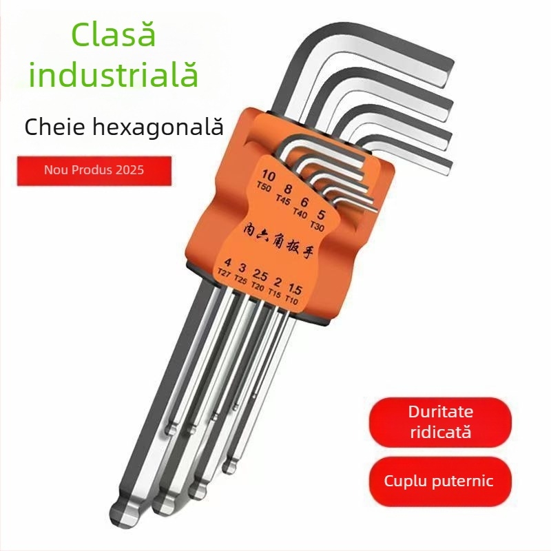 Set de chei hexagonale cu cap balon, nouă bucăți, cu șurubelniță și mâner hexagonal