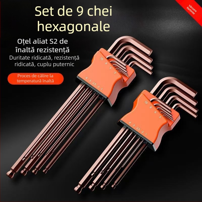 Set de chei hexagonale cu cap balon, nouă bucăți, cu șurubelniță și mâner hexagonal