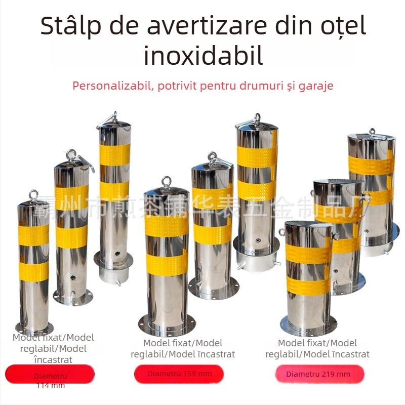 Coloană de avertizare din oțel inoxidabil, stâlp detașabil anti-coliziune, coloană rutieră cu suprafață reflexivă și fixare în sol